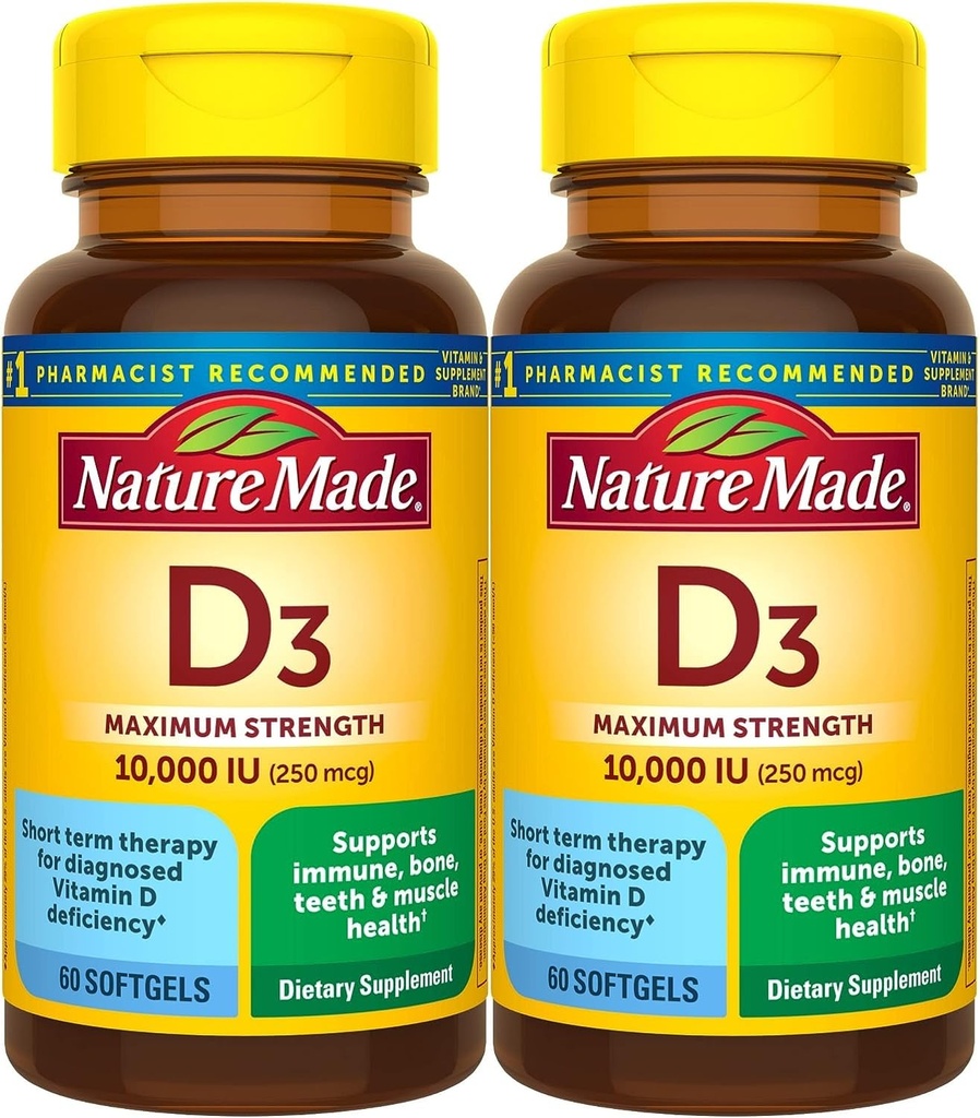 Nature Made Maximum Power Vitamin D3 10000 IU (250 mcg), Dietary Supplemen untuk Bone, Teeth, Muscle and Immune Health Suftgel, 60 Hari Supply - Paket 2