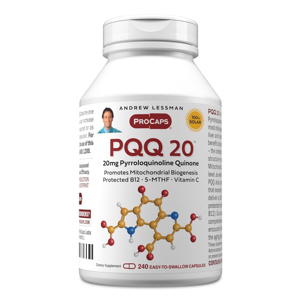 ANDREW LESSMAN PQQ 20mg - 240 Capsules - 20mg Pyrroloquinoline Quinone, Natural Protection Compound Support Vital Organians, Heart, Brain, Liver, Immune System. Miokondrial Biogenesis, Tanpa Addonist