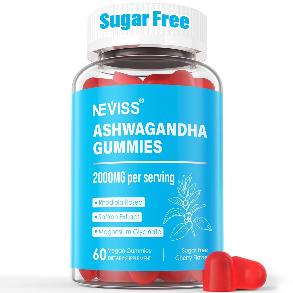 Sugar Free Ashwagandha Gummies - dengan Magnesium Glycinate, Rhodiola Rosea, Zinc, Lemon Balm, B6 - Dukungan Relaxasi, Natural Zzz, Stamina, Energi untuk Perempuan Pria - 60 Negara