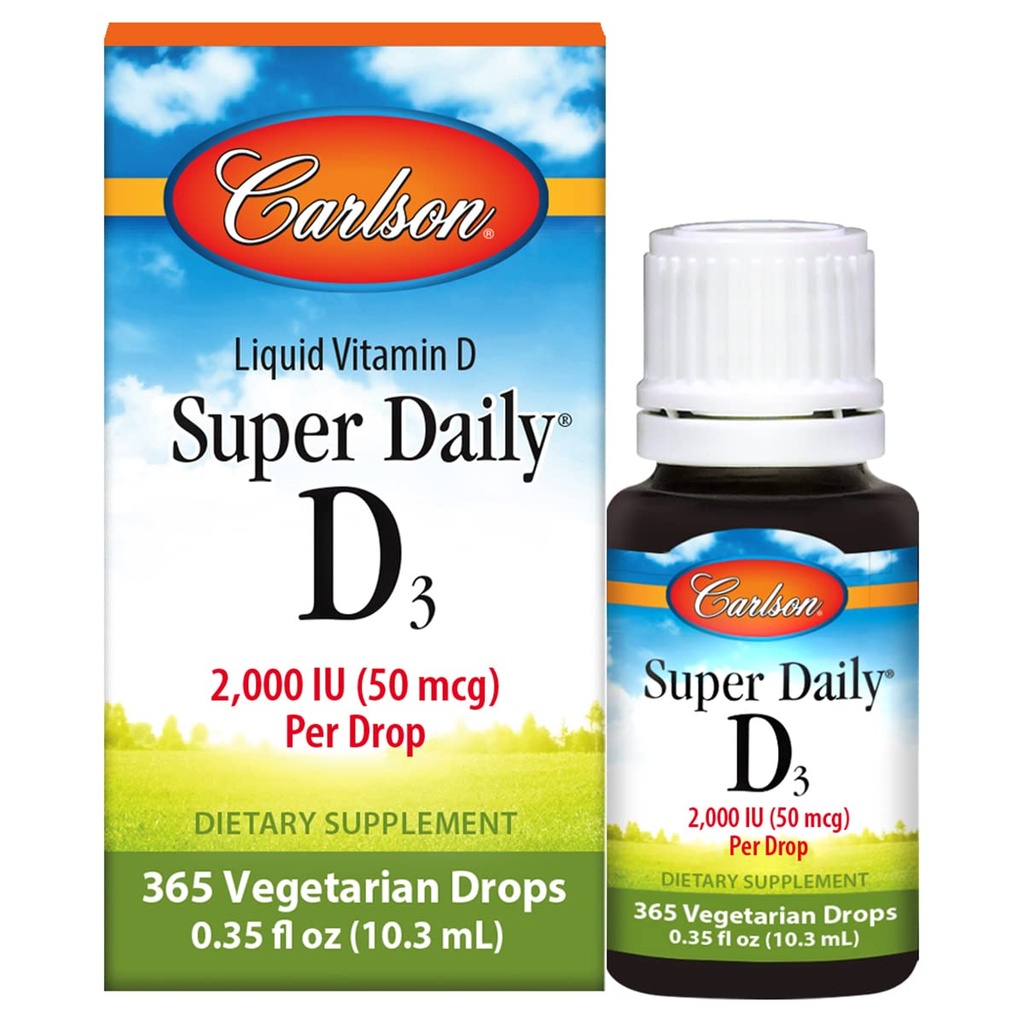 Carlson - Super Daily D3, Vitamin D Drops, 2.000 IU per Drop, 1-Year Supply, Vitamin D3 Liquid, Heart & Imune Kesehatan, Vegetarian, Cairan Vitamin D Drops, Unflashted, 365 Drops