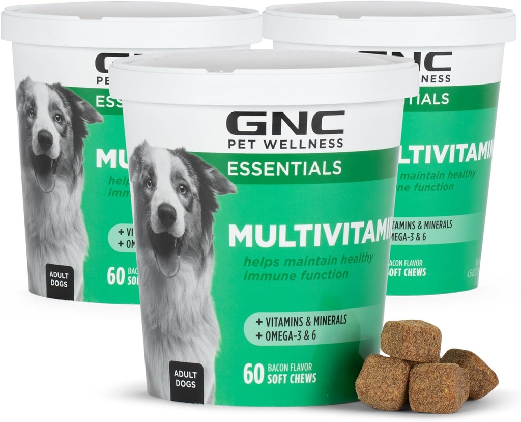 GNC Pets Essentials Dog Multivitamin Soft Chews, Salmon Oil Dog Supplemen di Bacon Flavor, Ammune Booster dan Skin dan Coat Dukungan Dimasak dengan Vitamin & Minect, 60 Count - 3 Pack