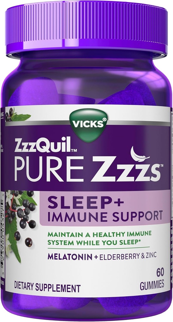 ZzzQuil Pure Zzzs + Immune Dukung Melonalin Aid Gummies dengan Elderberry, Zinc, Chamomile, Lavender, & Valerian Root, 1mg per Gummy, 60 ct