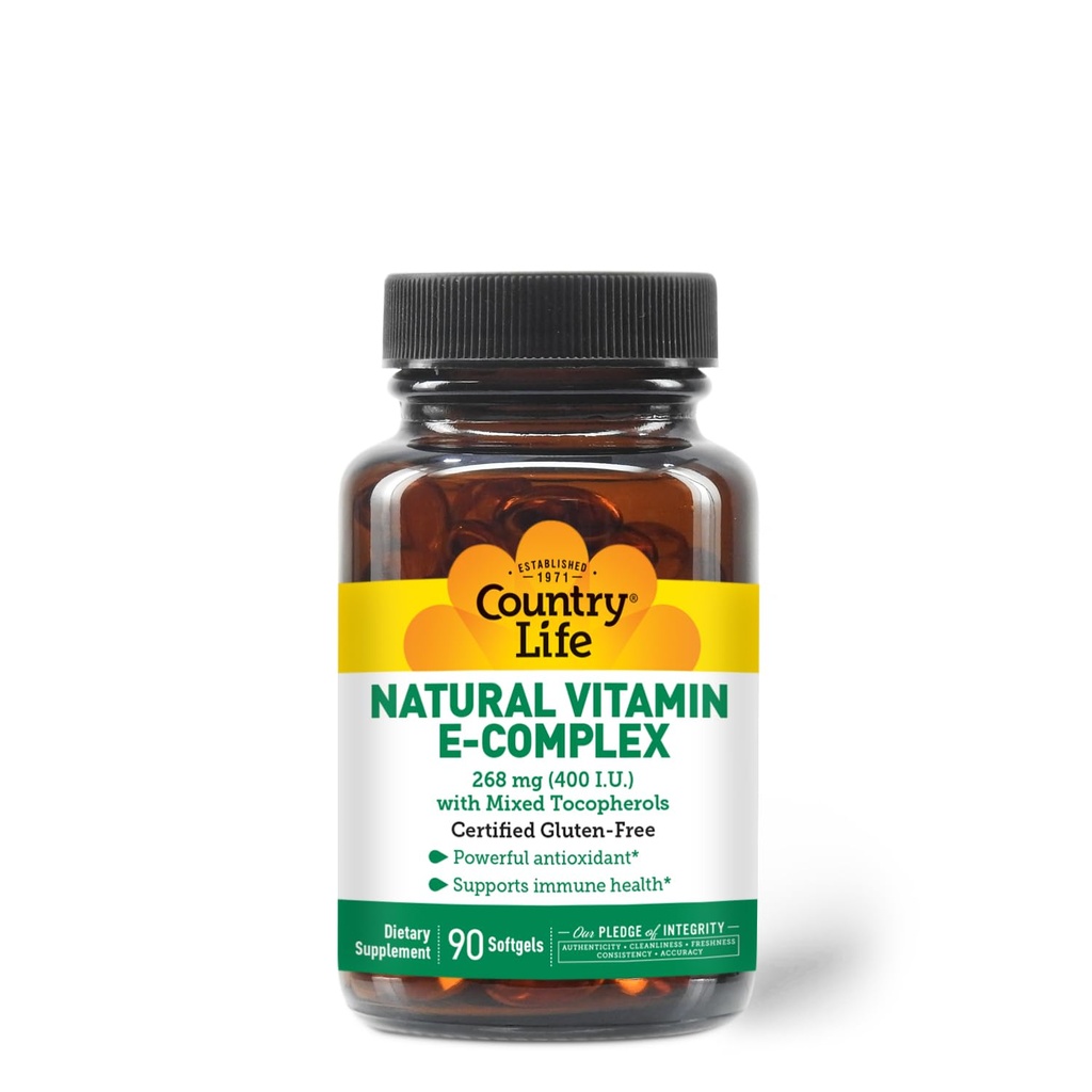 Country Life Vitamin E-Complex 400 IU - Natural Mixed Tokopherols - Antioxidant & Imune Support - Promotes Skin Health & Fights Oxidative Stress - Certifikasi Gluten- Free - 90 Softgeels