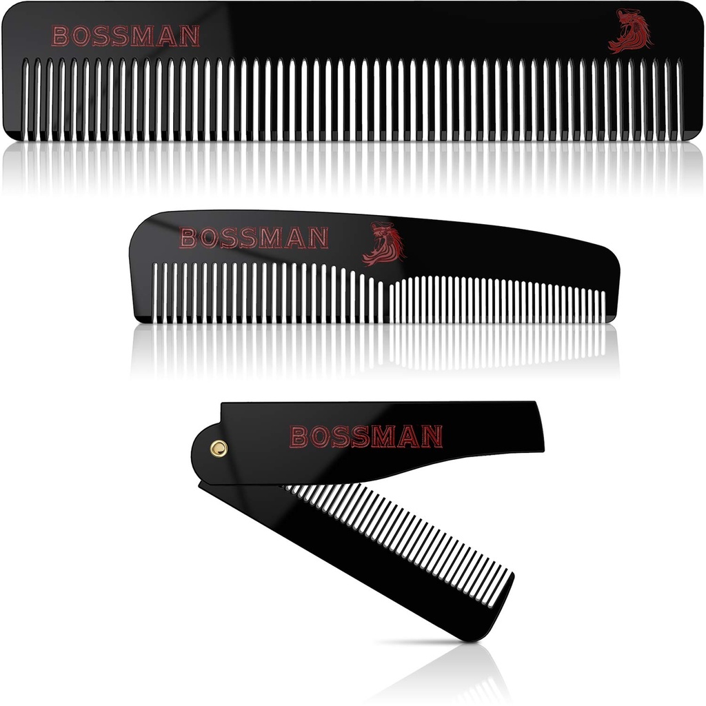 Bossman Acetate Beard, Musche, & Hair Comb Set dari 3 - Combs for Men with Minimalistic Magnetic Box (7.5- Inch, 5 - Inch, 3.5- Inch)