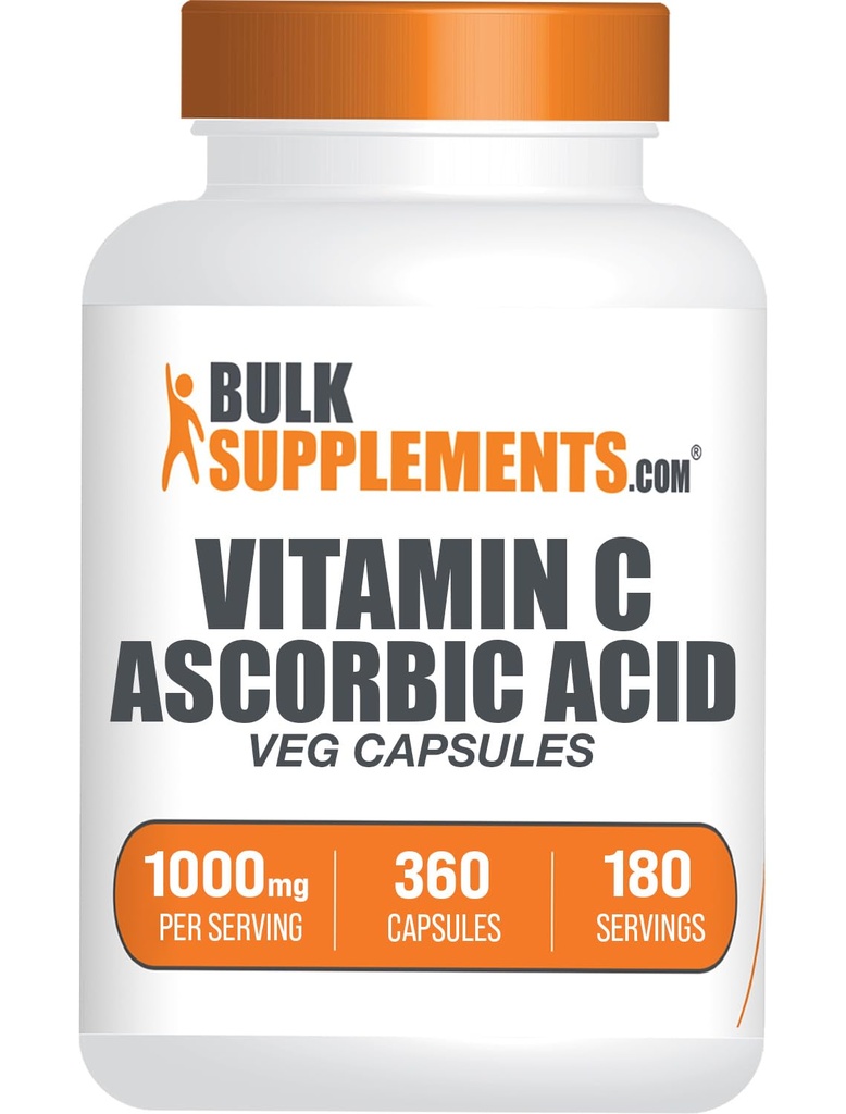 BulkSuplements.com Actibic Acid Capsules - Ascorbic Acid C 1000mg, Tambahan Vitamin C - Vegan & Gluten Bebas, 2 Kapsul per Serving, 360 Cacah (Paket 1)