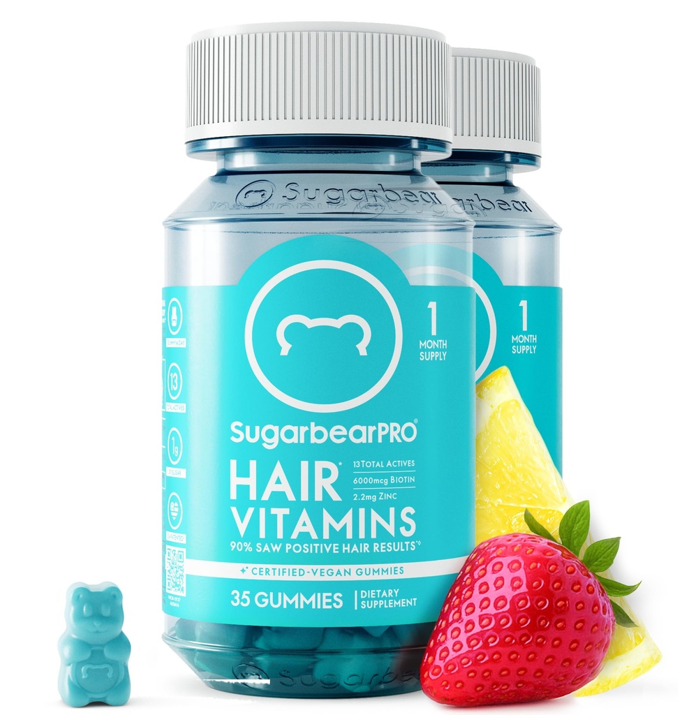 Sugarbear Hitumin Gummy 2 Bulan Supply Ekstra Biotin 6000mcg, Growth for Men & Women, Vegan Vitamin B12, MSM, Inositol, Omega 3, Elderberry, Certifikasi Kosher, Halal, Cruelty- Free