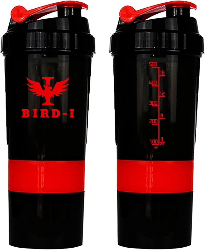 BIRDI Protein Gym Shaker, 3-in- 1, 500ml / 16.9oz, BPA- Free, Metal Mixer. (RED), JT4101