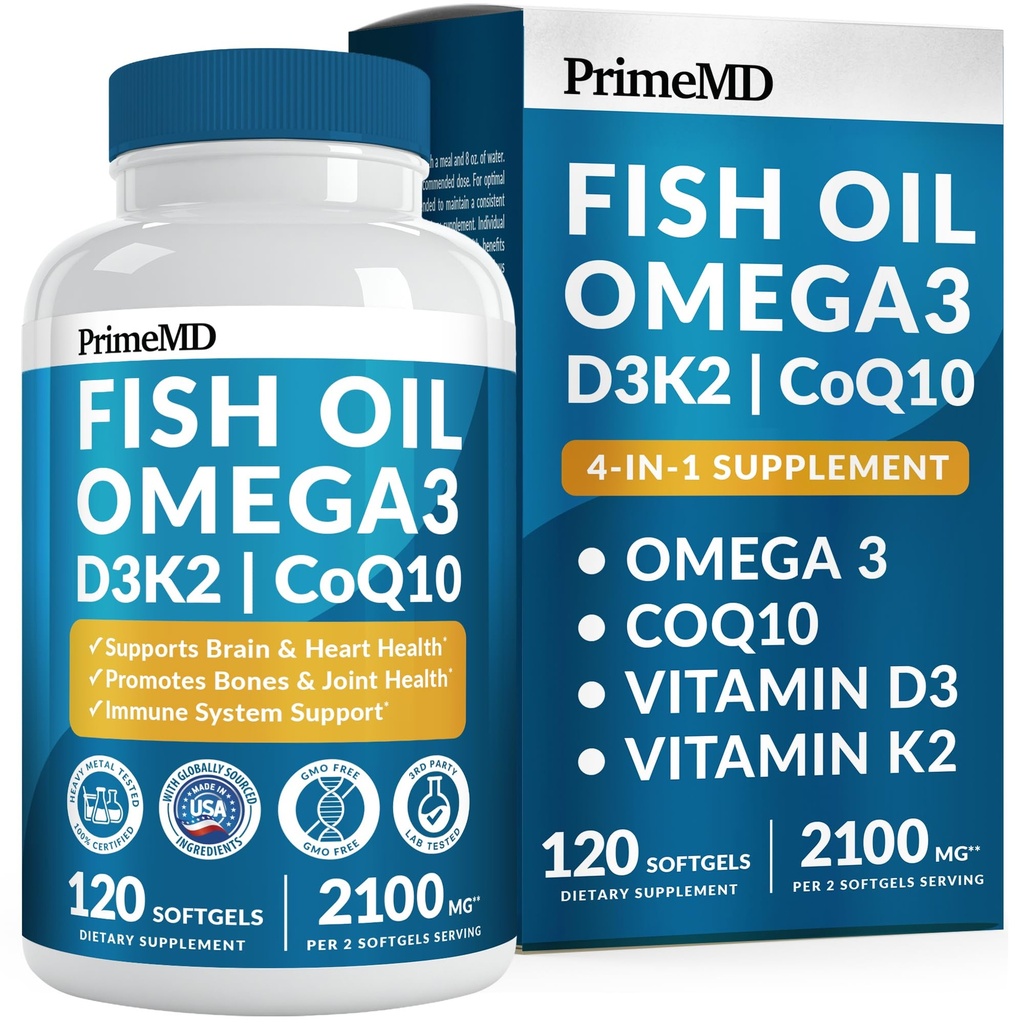4-in- 1 Minyak Ikan Omega 3 Gendut (2100mg) - Omega 3 Minyak Ikan dengan Vitamin D3 K2 dan CoQ10 - Lemon Flavored (120 softgel)
