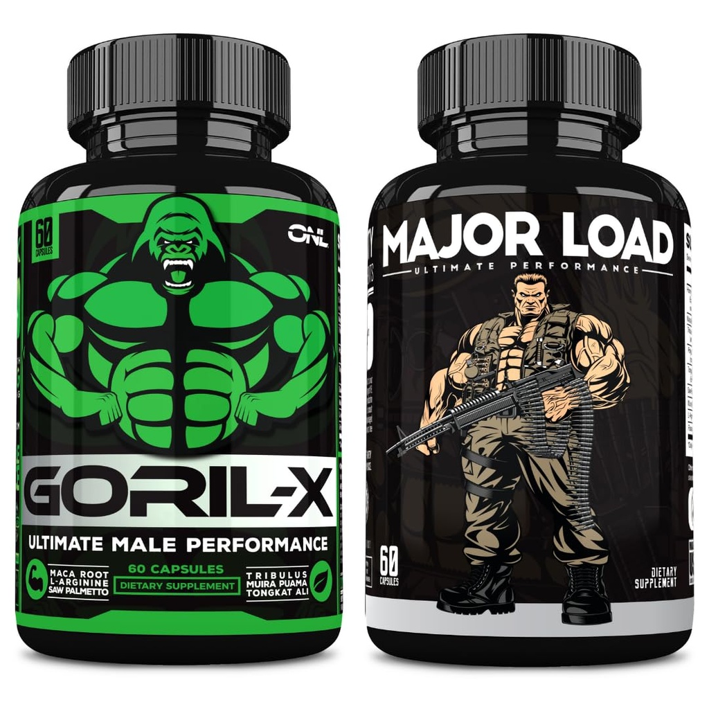 ONL Ultimate Men 's Testosteron Booster Bundle - GORIL-X & Major Loads Suplemen 124; Kekuatan Enhance, Stamina, dan Energi 124; dengan Horny Goat Weed, Maca, Tongkat Ali, Tribulus 124; 120 Capsules