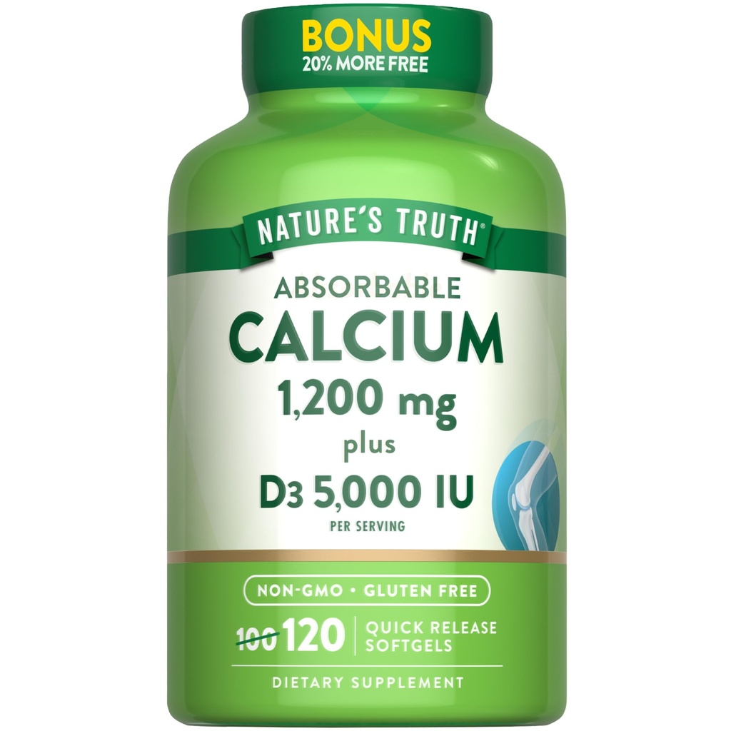 Nature 's Absorbable Calcium 1200 mg dengan Vitamin D3 5000 IU 124; 120 Softgels 124; Calcium Carbonate 124; Non-GMO & Gluten Free Supplemen