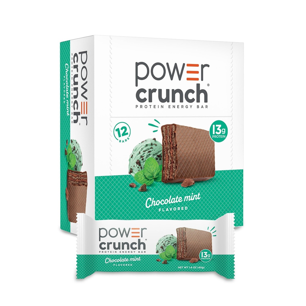 Power Crunch Protein Waper Bars, Snacks Protein Tinggi dengan Rasa Lezat, Cokelat Mint, 1.4 Ounce (12 Count)