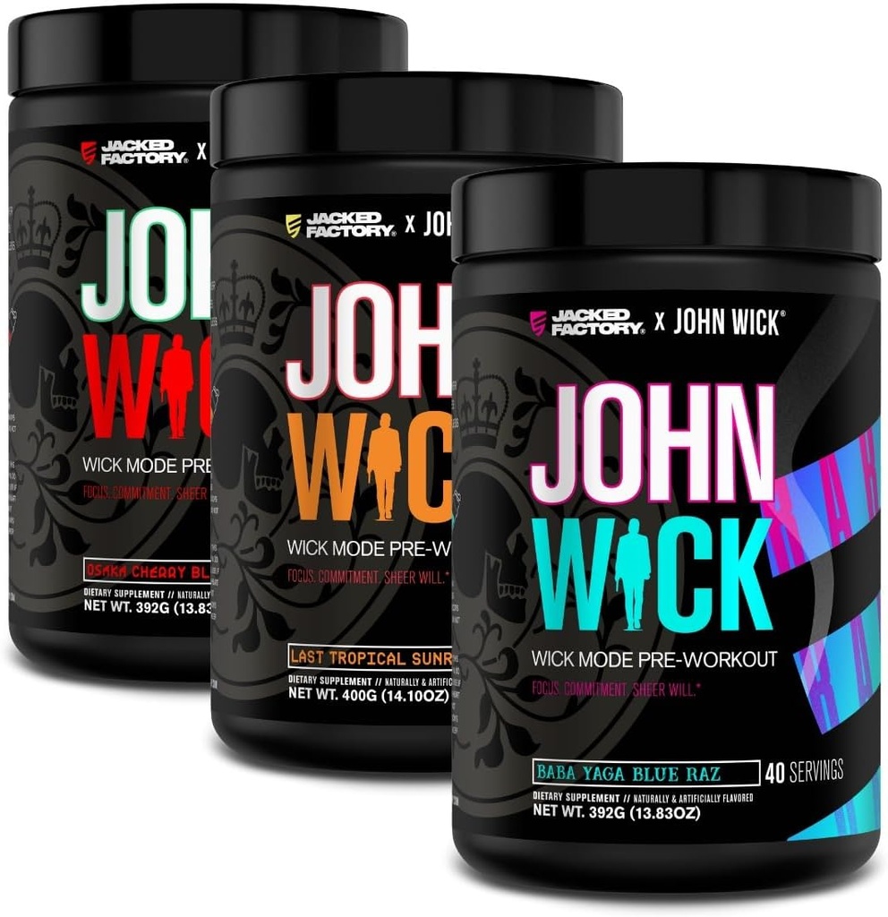Jacked Factory X John Wick - Wick Mode Pre Workout Powder - Intense Energy, Ready Focus, Unstopment, and Sheer Will - 120 Servings (3-Pack)