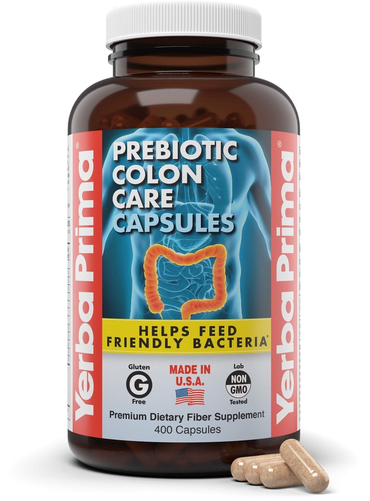 Yelba Prima Prebiotic Colon Care Capsules, 400 Caps - Five Forms of Fiber Plus FOS Pre- Suplemen Kesehatan Dietary - Soluble Soluble & Insoluble Fibers for Regularity & Digetives Support
