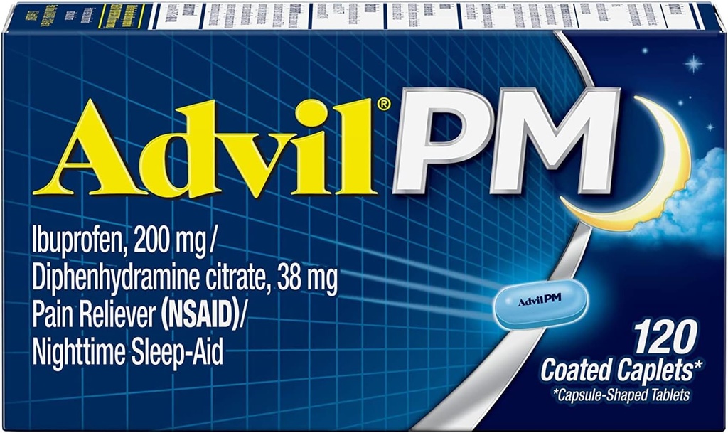 Advil PM (120 Count) Pain Reliever / Nighttime Sleep Aid Coated Caplet, 200mg Ibuprofen, 38mg Diphenhydramine (Paket 2)