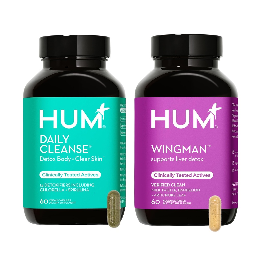 HUM Full Skin and Liver Health Suplemen dari Nutrition, Wingman dan Daily Cleanse A Green Detox & Milk Thistle for Skin Care Support and Liver Health, 2 Pack Bundle, 60 Vegan Capsules