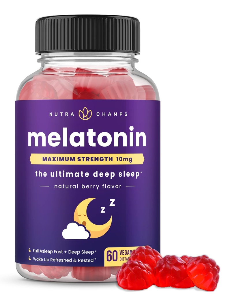 NutraChamps Melantinin Gummies for Better Sleep Aid Vitamin, 5mg or 10mg Dose, Vegan Natural Strawberry Flavor Support for Better Sleep, Healthy Sleep Cycles, 60 Gummies