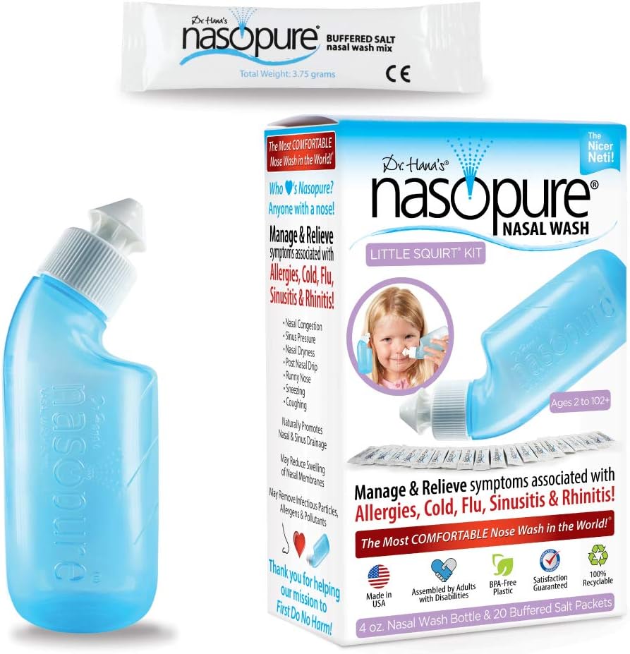 Nasopure Nasal Wash, Little Squirt Kit, "The Niser Neti Pot" Sinus Wash Kit, Comfortable Nasal Rinse 4 Oz Bottle & 20 Garam Paket (3.75 Gr Masing-masing), Nasal Conbuble, Cold, Allergy, Nasal Irrigation