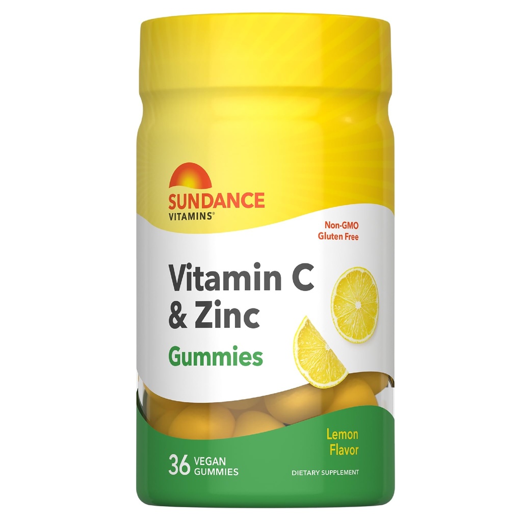 Sundance Vitamin C dan Zinc Gummies 124; 36 Count 124; Lemon Flavor 126; Vegan, Non-GMO, dan Gluten Free Supplemen
