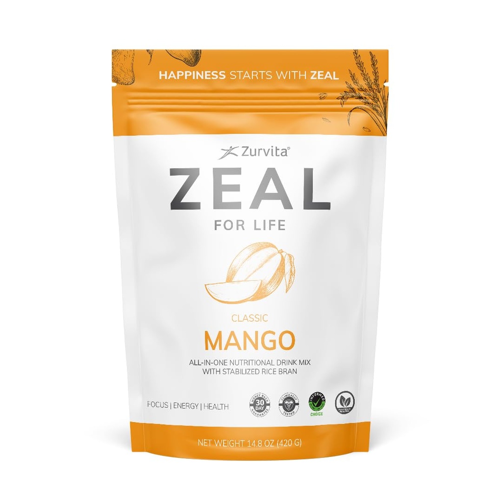 Zurvita Zeal for Life Wellness Drink Mix - Mango Flavor - Gluten- Free, Vegan, with Biotin, Vitamin B12, C, D, E, Iron, Magnesium - 30 Servings (420g)