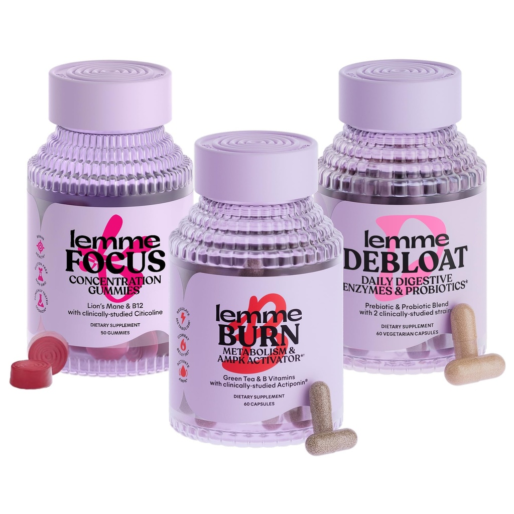 Lemme Burn, Debloat & Focus Bundle 124; Metabolisme & Fat Burning + Bloating & Gas Relief Capsules + Focus & Brain Health Gummies = 124- Bebas, Non-GMO 124; 60 Count Capsules & 50 Count Gummies