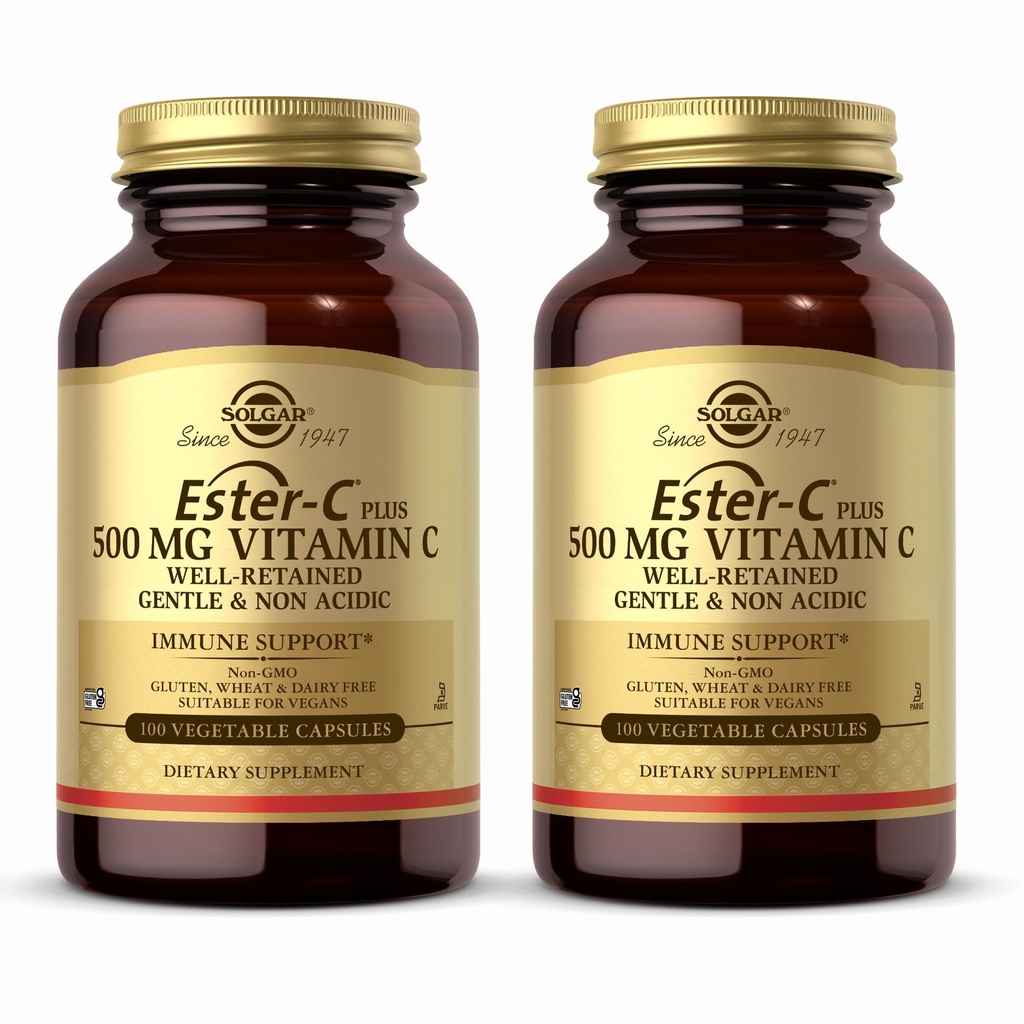 Solgar Ester-C Ditambah 500 mg Vitamin C (Ascorbate Complex) - 100 Vegetable Capsules, Paket 2 - Antioksidant & Imune Dukungan - Non GMO, Vegan, Gluten Bebas, Kosher - 200 Total Pelayan