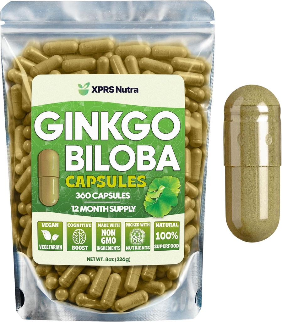 XPRS Nutra Ginkgo Biloba Kapsul - Gingko Biloba Ensulated Suplemen untuk Kognition - Vegan Friendly Ginkoba Biloba - Imunity Boosting Ginkgo Biclola Kapsul - 360 Count