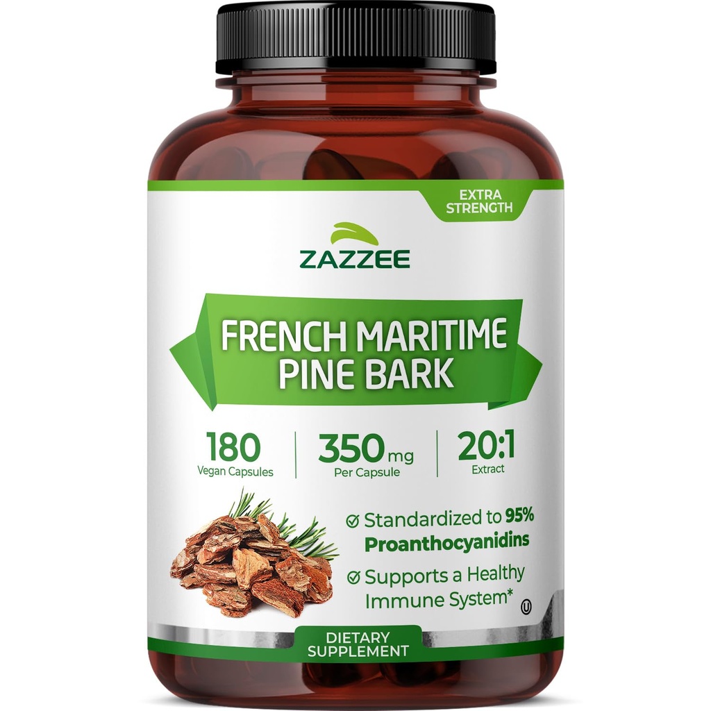 Zazzee Ekstra Kekuatan Perancis Maritim Pine Bark 20: 1 Ekstrak, 350 mg Per Capsule, 180 Vegan Capsules, 95% Proanthocyanidins, Kosher, 6 Bulan Suppply, Standardisasi 20X Extract, Non-GMO, Dibuat di Amerika Serikat