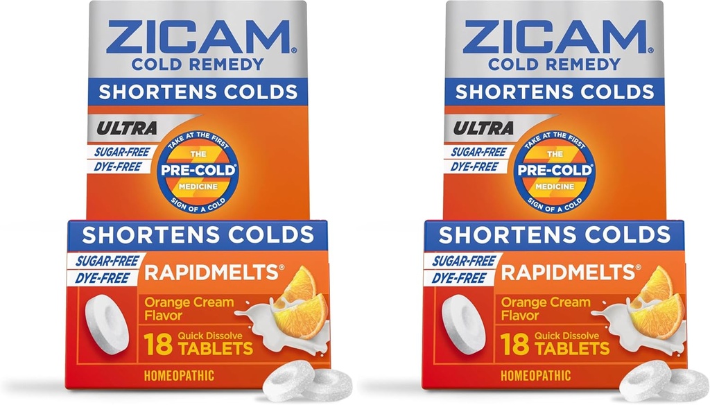 Zicam Ultra Cold Remedy Zinc Rapidmelts, Orange Cream Flavor, Homeopathic, Cold Shortening Medicine, Shortens Cold Durasi, Sugar- Free, Dye- Free, 18 Count (Pack of 2)