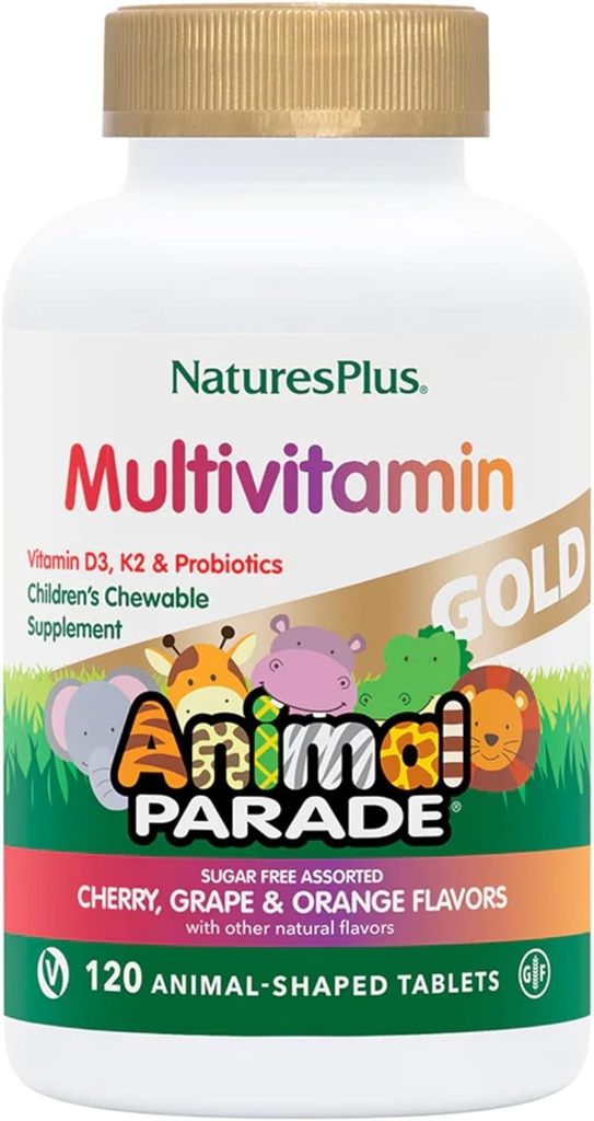 NaturresPlus Animal Parade Gold Children 's Multivitamin - Asported Cherry, Orange & Grape Flavors - 120 Animall-Shaped Chewable Tablet, Pack of 4 - Vegan, Gluten Free - 240 Total Servings