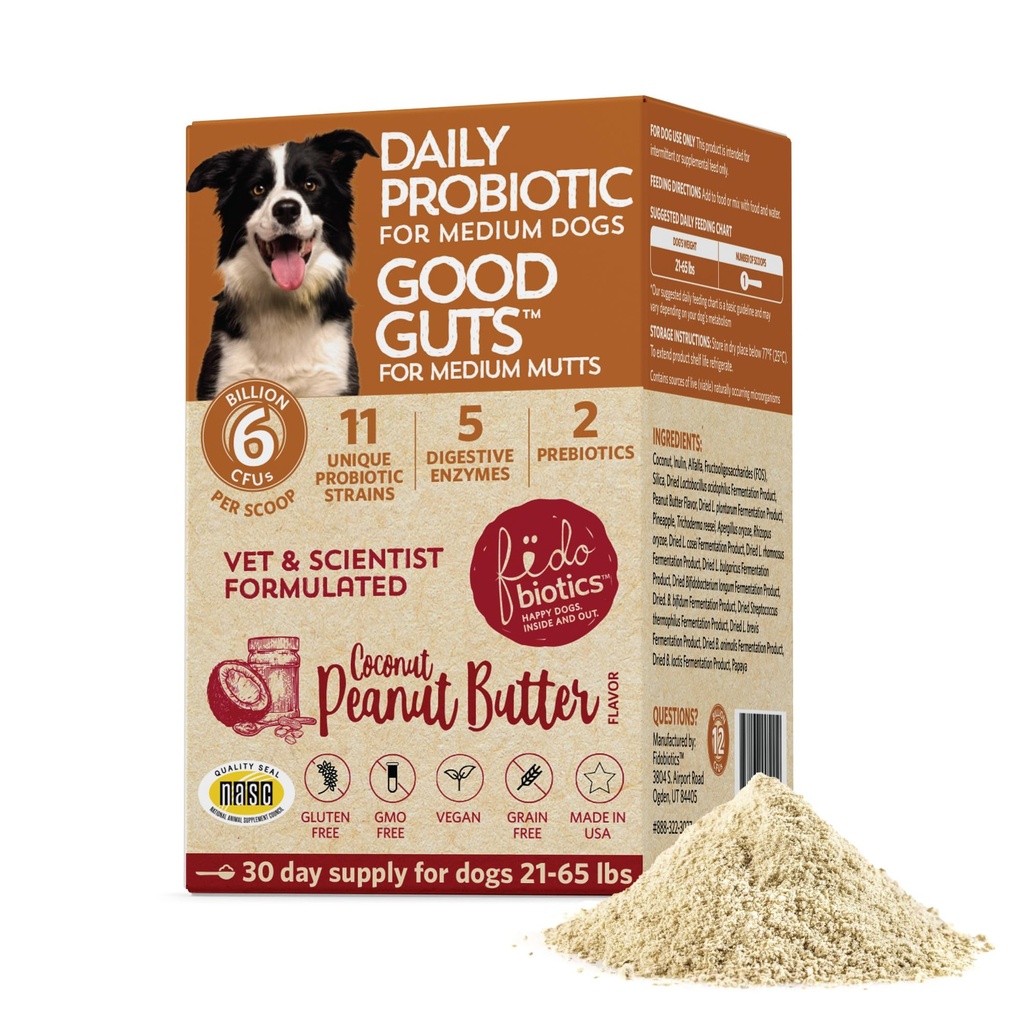 Fidobiotik Good Guts for Medium Mutts Probiotic for Dogs, 6 Billion CFU, 11 Strains, 5 Digetical Enzymes, 2 Pregrapi, Digetical Gut Health for Dogs, Adult & Puppy Propotics Suplemen (30 Hari)