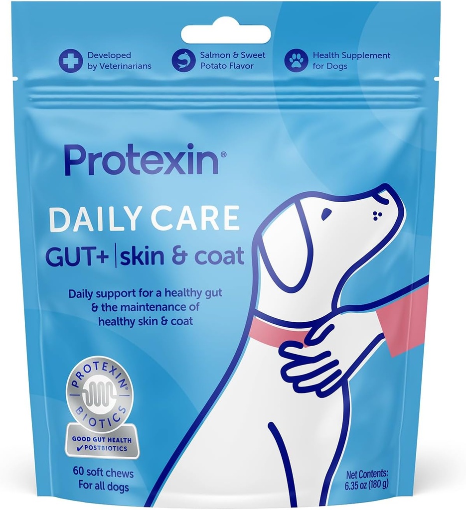 Protexin Daily Care Gut + Skin & Coat 124; 60 Dog Chews, Salmon dan Sweet Potato Flavor Dog Supplemen 124; Propoles for Dogs, Dog Postales