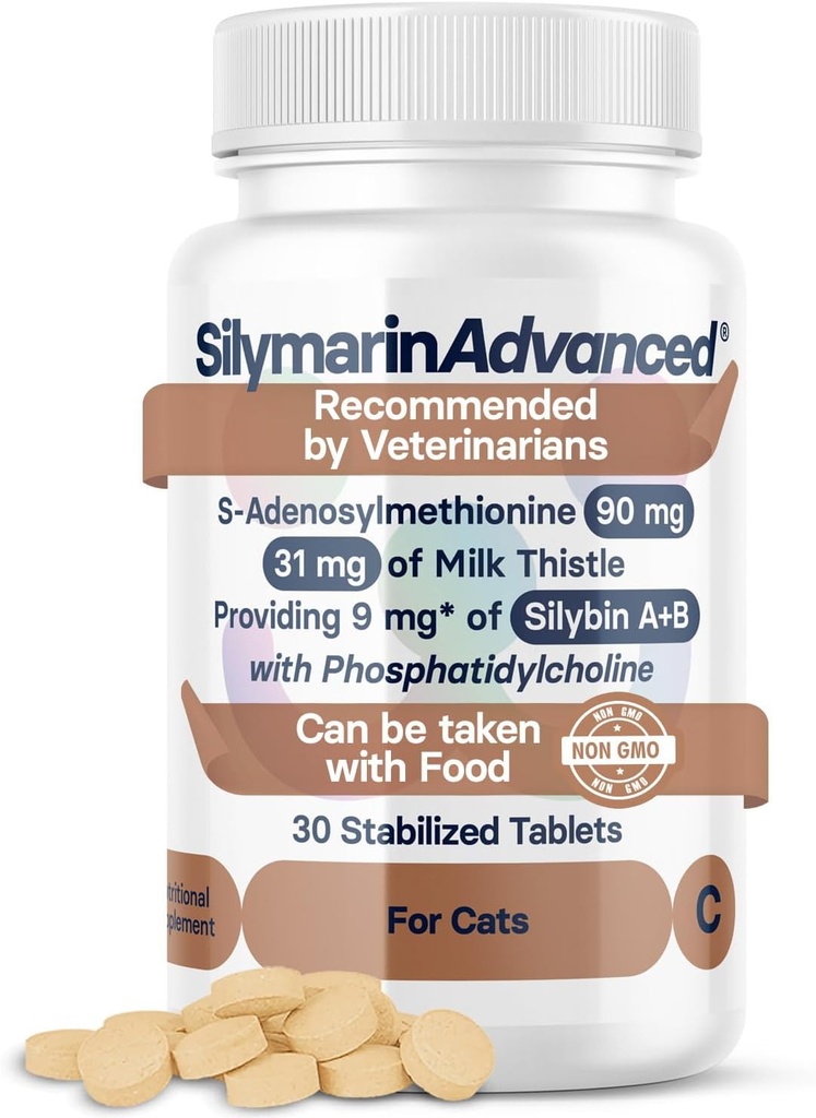 Suplemen Kesehatan Hati untuk Kucing - Milk Thistle untuk Dukungan Kucing dengan S- Adenosylmethionine (Sama) & Silybin - 30 Tablet