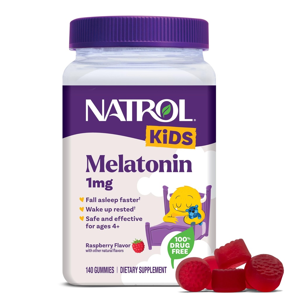 Natrol Kids Melonatoin Gummies 1mg, Children 's Melonatin for Restful Sleep, 140 Raspberry- Flavored Sleep Gummies, 140 Day Supply