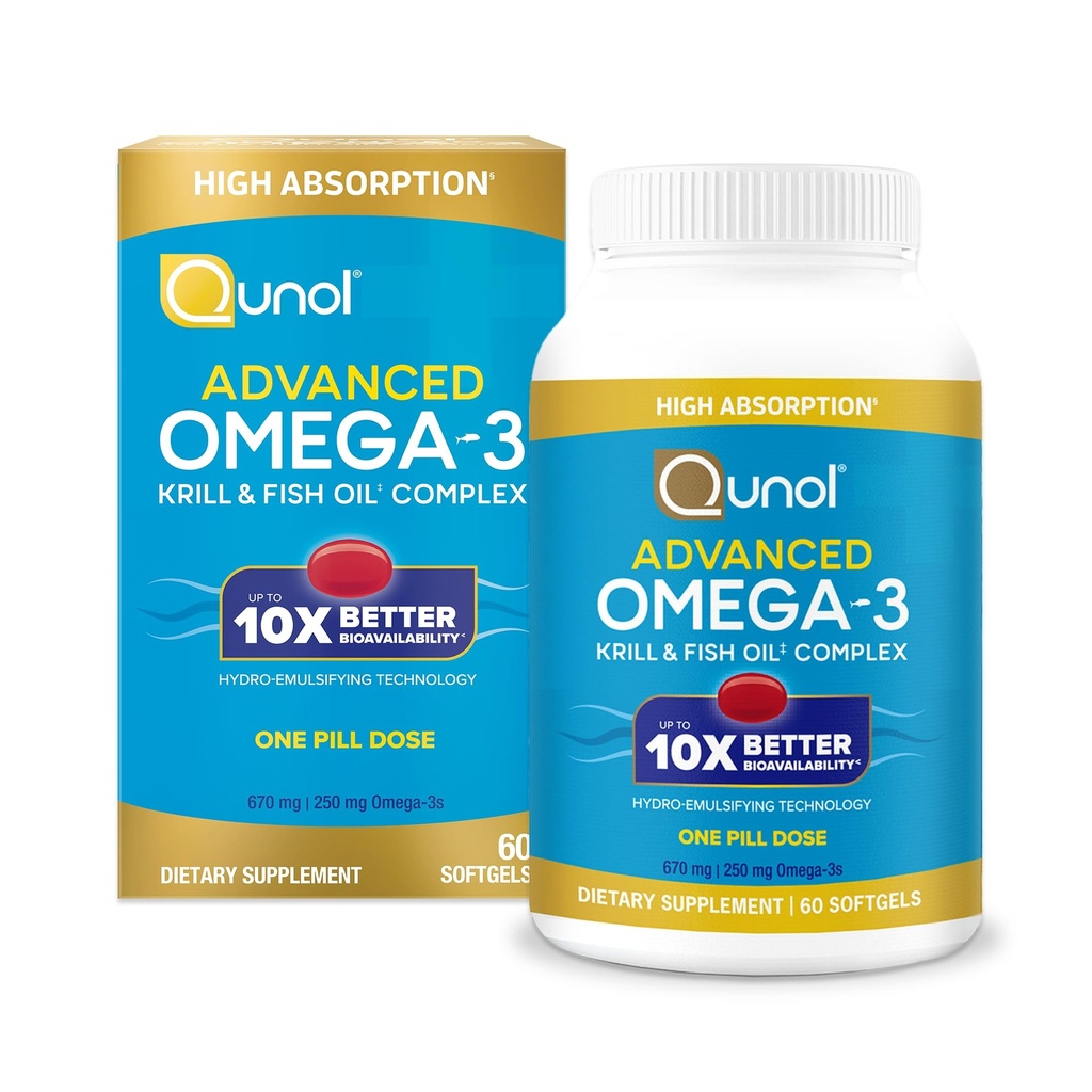 Quhol Advanced Omega 3 Krill and Fish Oil Complex, 10x Better Bioavability, One Pill Dose, 250mg EPA & DHA, Supports Brain, Eye, Heart and Joint Health, 60 Count (Paket 1)