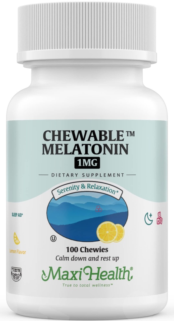 Maxi Health Chewable Meltontin, Kosher Lemon Flavor, Melonatin for Dewata & Kid, Natural Aid for Dewata & Children, Melonain Chewables Alternals to Melonalin Gummies Kid Dose, (100 Count)