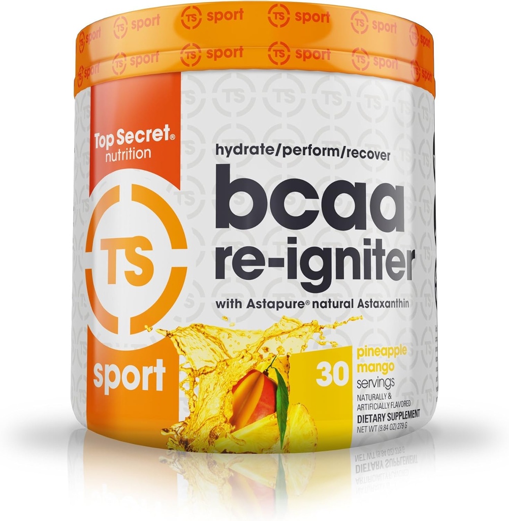 Bidang Nutrition Top Secret BCAA Re@-@ Igniter Vegan Amino Acid Suplemen dengan Astaxanthin dan Electrolite, Hidration dicampur dengan air Coconut, 9.84 oz (30 porsi), Polope Mangga