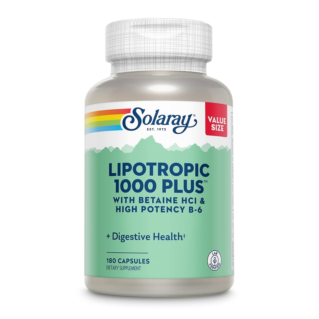 Limotropik SOLARAY 1000 plus dengan Betaine HCI & High Potency B-6, Diatles Sehat, Energi, dan Dukungan Metabolisme Fat, Kompleks Lipotropic Plus Aloe Vera, Jaminan 60 Hari, 30 Pelayan, 180 Capsules