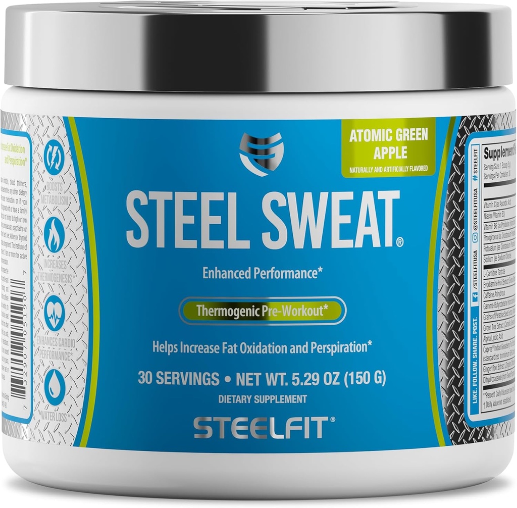 SteelFit Steel Sweat Fat- Burning Pre Workout 124; Boost Metabolisme, Increase Energy, Burn Fat & Calories 124; Green Apple, 30 Servis