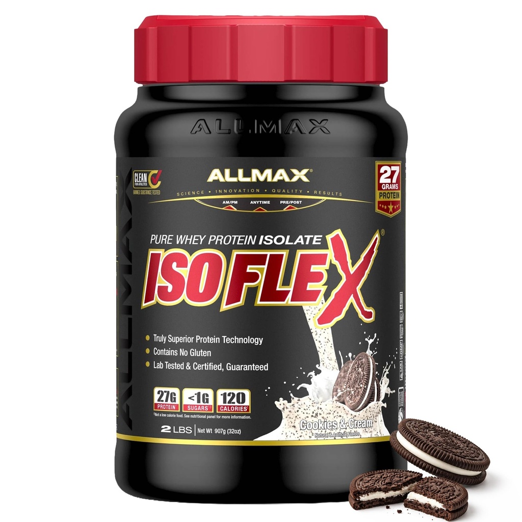 ISOFLEX NALLMAX Whiy Protein Isolate, Cookies & Cream - 2 lb - 27 Grams of Protein Per Scoop - Zero Fat & Sugar - 99% Laktosa Free - Gluten Free & Soy Free - Perkiraan 30 pelayan