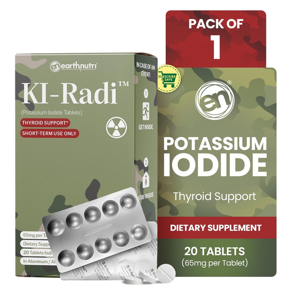 EarthNutri Kidri ™ Potasium Iodide Tablets 65 mg - Suplemen Lodium Potensi Tinggi untuk Dukungan Thyroid, Persiapan Darurat - Potassium Di Segel Foil-Foil - 20 Tablets (1 Pack)