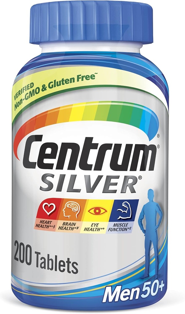 Sentrum Perak Multivitamin untuk Pria 50 Plus, Multivitamin / Multimineral Tambahan dengan Vitamin D3, B Vitamin dan Zinc, Gluten Bebas, Ingredisasi Non- GMO - 200 Count