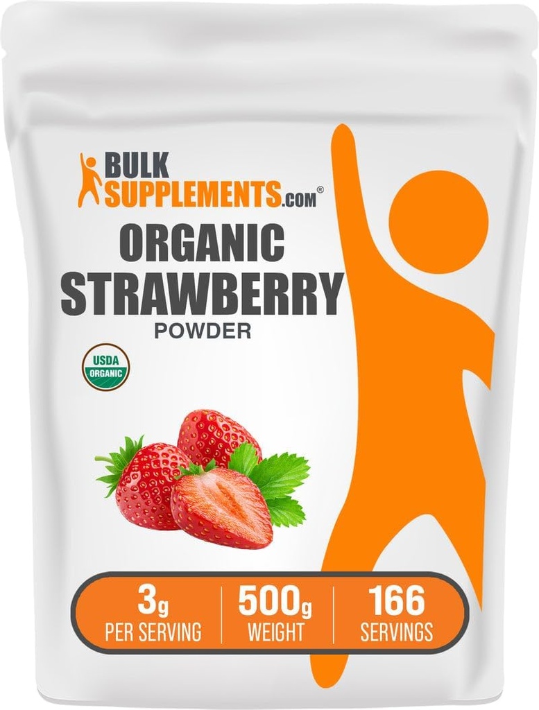BulkSuplements.com Organic Strawberry Powder - Fruit from Organic Strawberry - No Sugar Added & Gluten Free, 3g per Serving, 500g (1,1 pon) (Pack of 1)