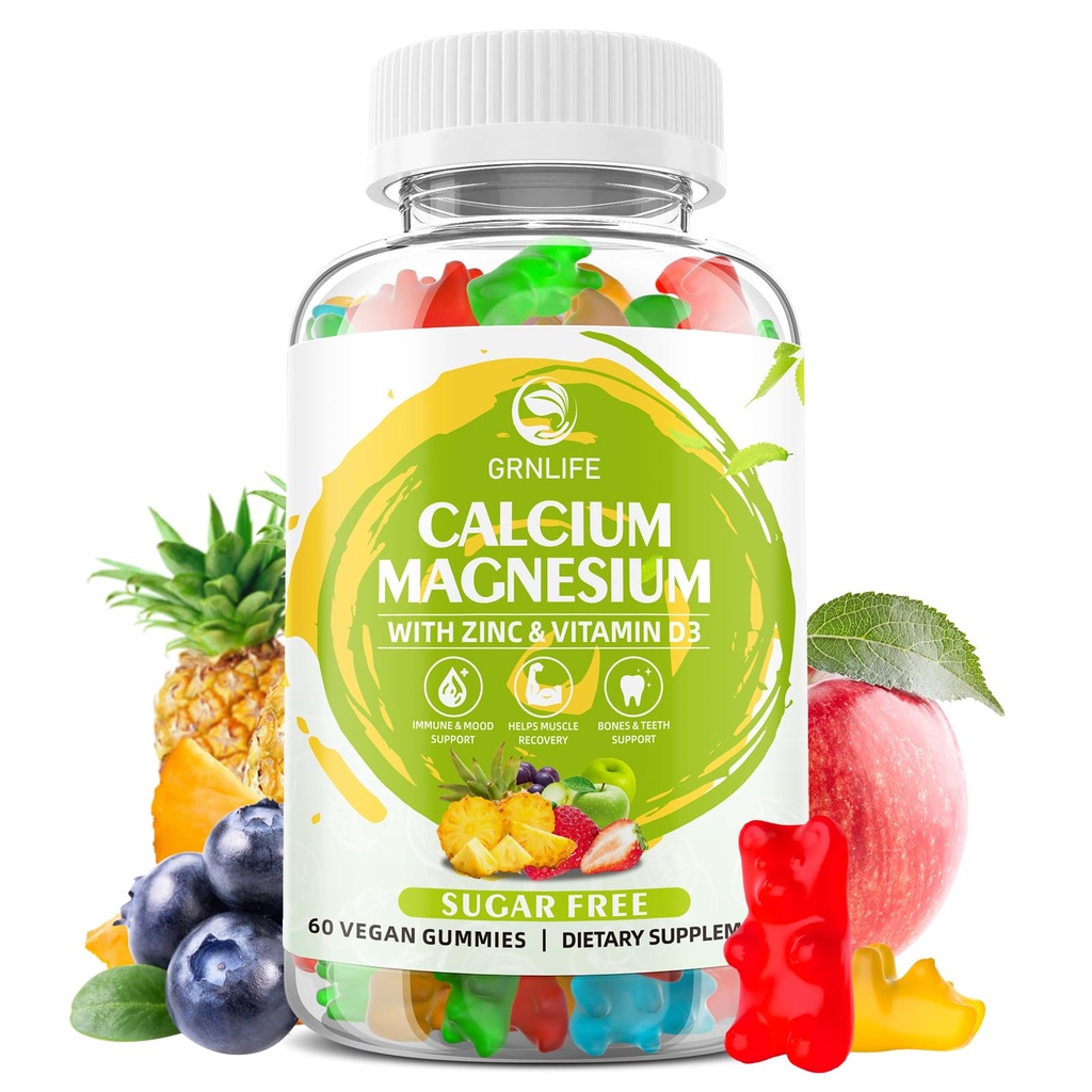 Kalsium Magnesium Zinc Tambahan dengan Vitamin D3, Gumim Bebas Gula untuk Pria Perempuan, Potensi Tinggi Magnesium Gummies untuk Bone & Muscle & Imune Kesehatan, Mencampur Flavors - 60 Cacah