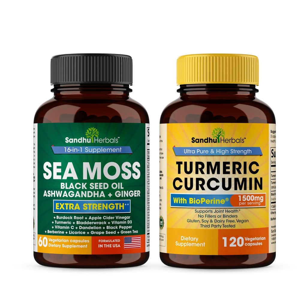 Sandhu Herbals Seamoss & Turmeric Curcumin dengan Bioperine Capsules 124; Pasokan Imune, Digetical, Cognitive, Skin & Hair Health