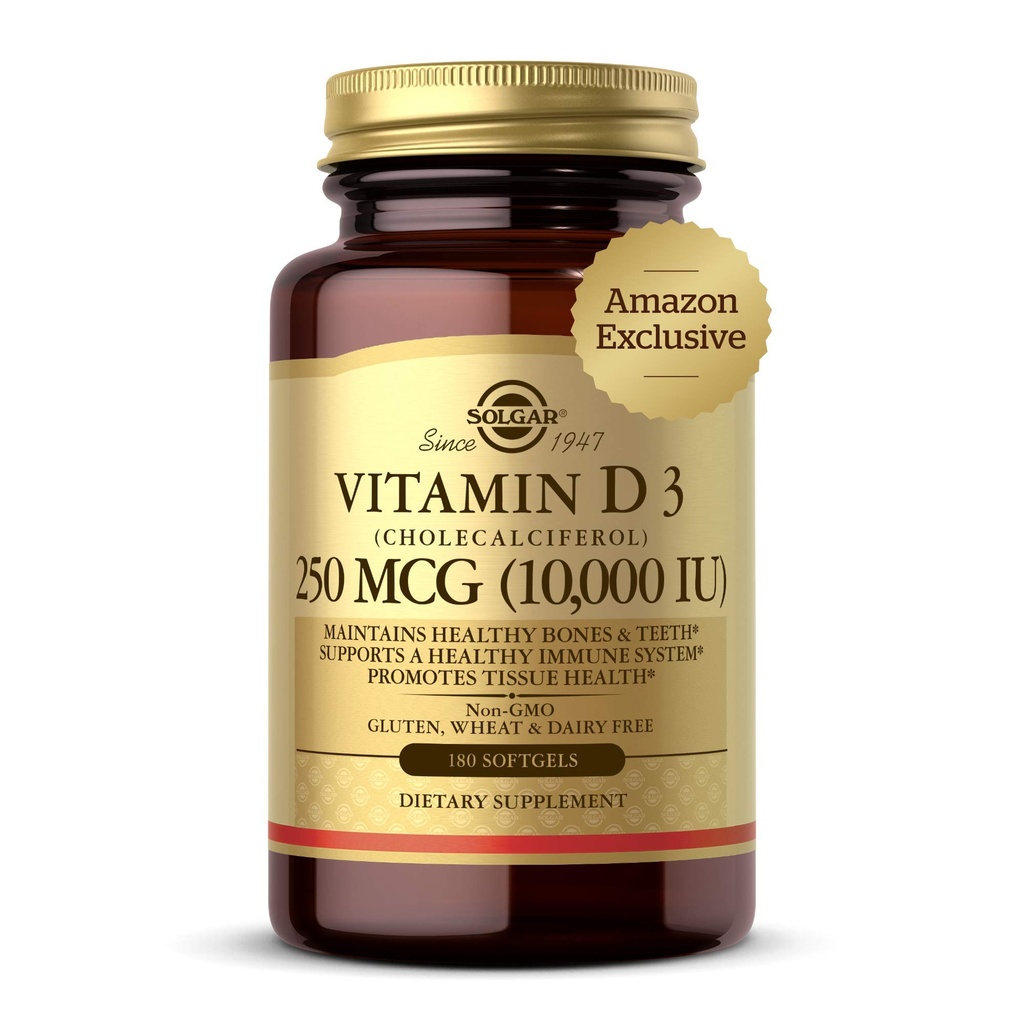 Solgar Vitamin D3 Cholecalferol 250 MCG 10000 IU Softgeels Membantu mempertahankan Healthy Bones Teeth Ammune System Mendukung Gluten Non-GMO, Dairy Free Servings, 180 Count