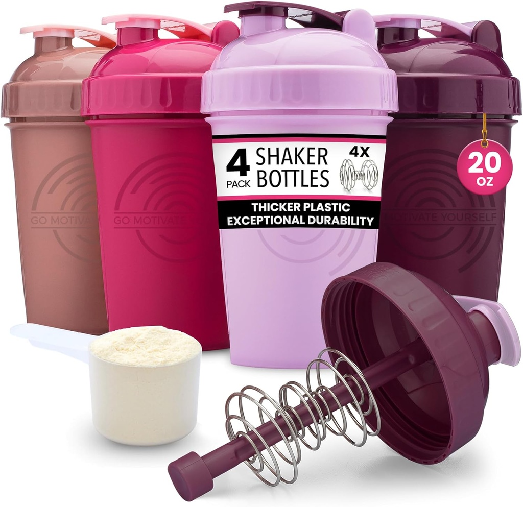 GOMOYO [4-Pack] 20- Ounce Shaker Bottle 124; Protein Shake Bottle dengan Action- Rod Wire Mixer 124; Shaker Cups adalah BPA Free dan Dishwatter Safe 124; Rose, Plum, Raspberry, & Lavender