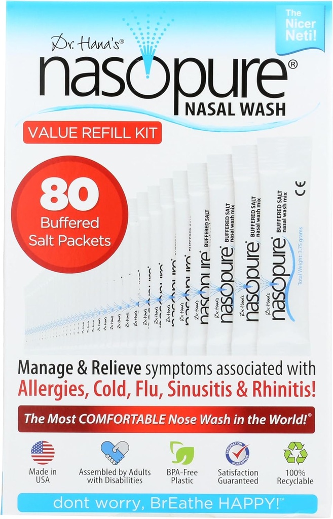 Nasopure Nasal Wash, Value Refill Kit, "The Niser Neti Pot" Sinus Wash Kit, Comfortable Nasal Rinse 80 Garam Paket (3.75 Grams Setiap Grams), Konsumsi Nasal, Dingin, Flu, Allergy, Sistem Irrigasi Nasal