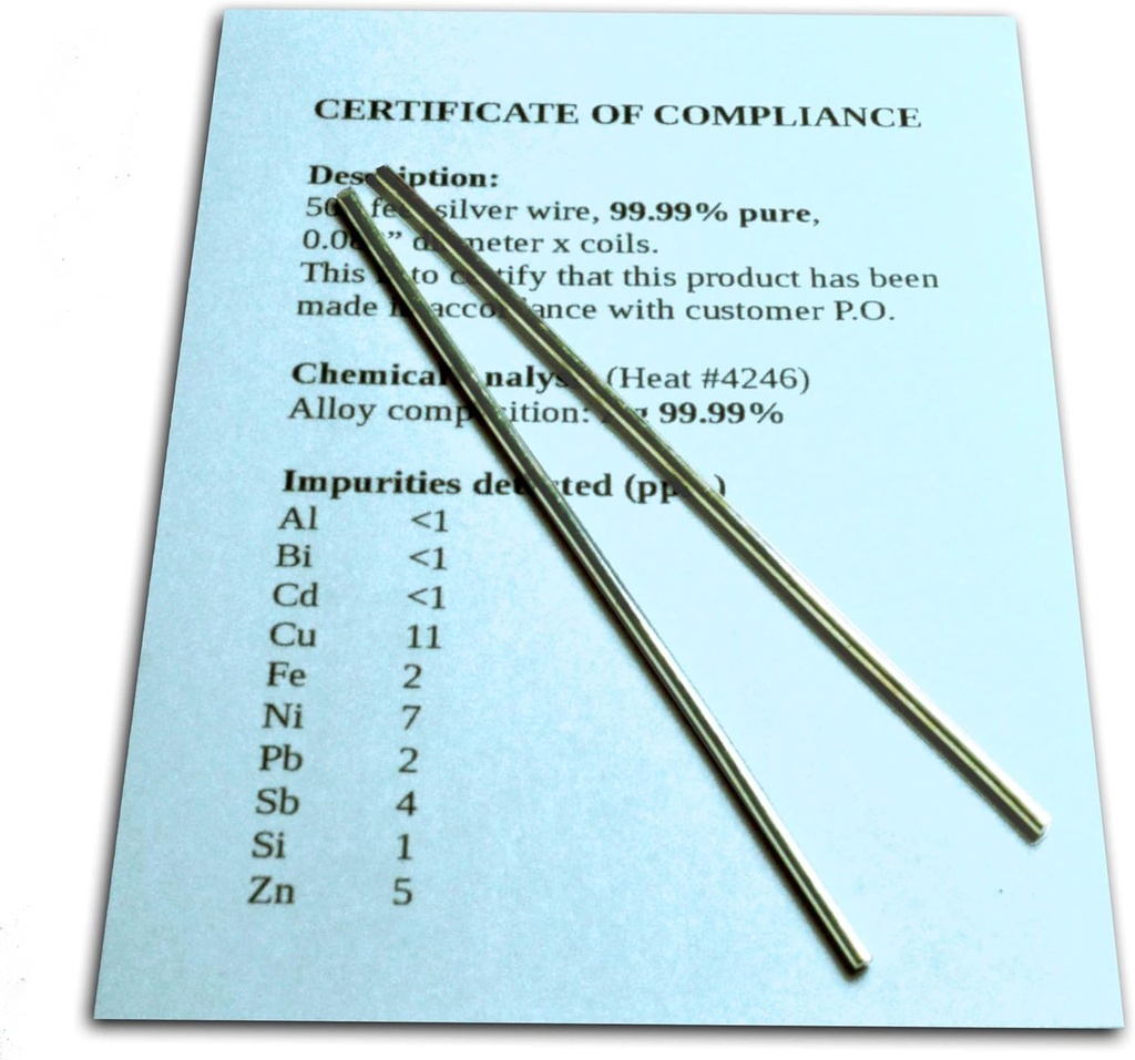 Colloidal Silver Generator Wire Dijamin 99,99% Pure - Set dari (2) 4 "Electrode Rods 12- Gauge (0.08 in. / 2.06 mm) dengan Sertifikat Kompliance / Lengkap Analisis Kimia dari Komposisi Alloy