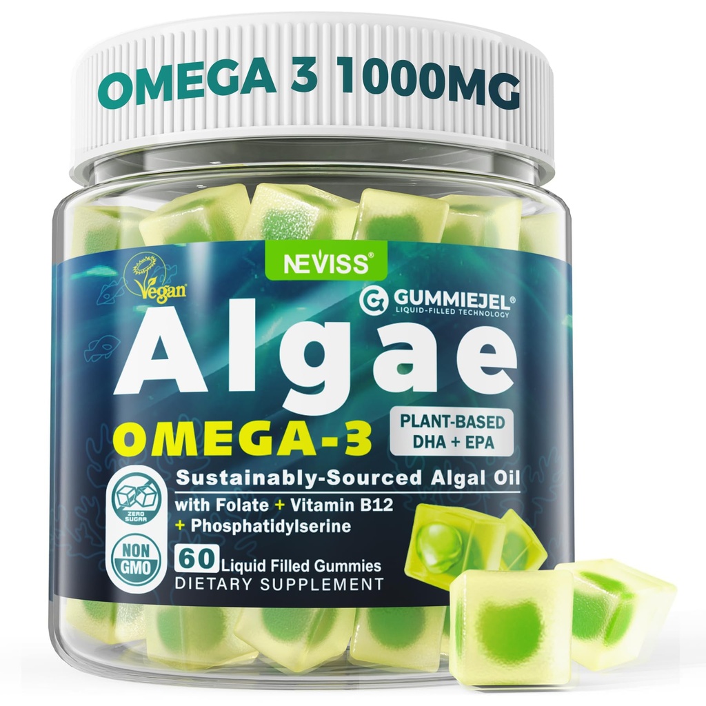 Vegan Omega- 3 Gummies untuk Orang dewasa, Alternatif Minyak Ikan dari Algae Oil, Tanaman berbasis DHA 460mg & EPA 230mg Plus MethylFolon, Vitamin B12, Phoshatidyserine, No Fishy Taste, Vegan, Sugar Free, 60 Cts