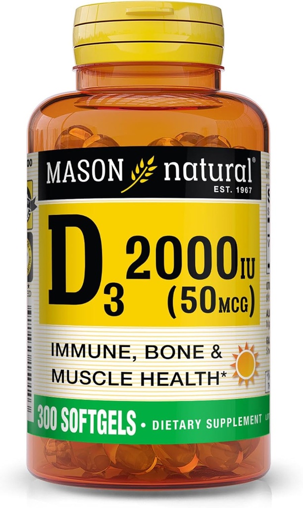Mason Natural Vitamin D3 2.000 IU Ultra Kekuatan, Mendukung Sone Density, Kekuatan & Imune Kesehatan, 300 Softgels